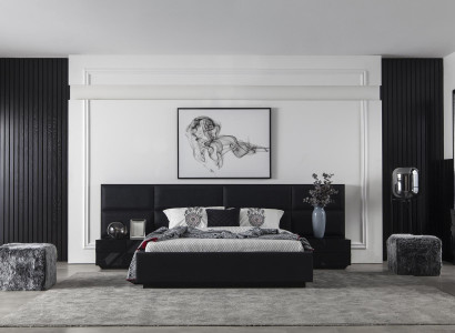 Black Bedroom Set Bed Furniture Bedside table 3pcs. Leather bed beds